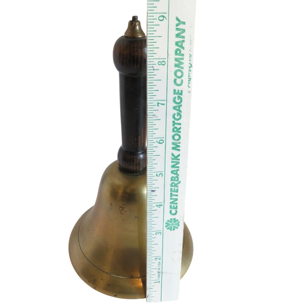 Vintage Mid-Century Large Heavy Solid Brass School Teacher Bell Wooden Handle 9" - Picture 4 of 5